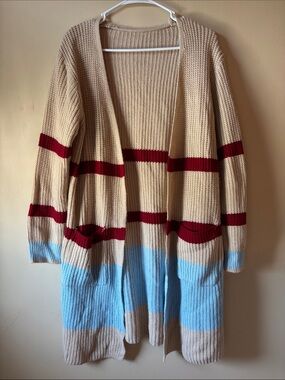 SHEIN Beige Striped Open-Front Longline Women's Cardigan Sweater
